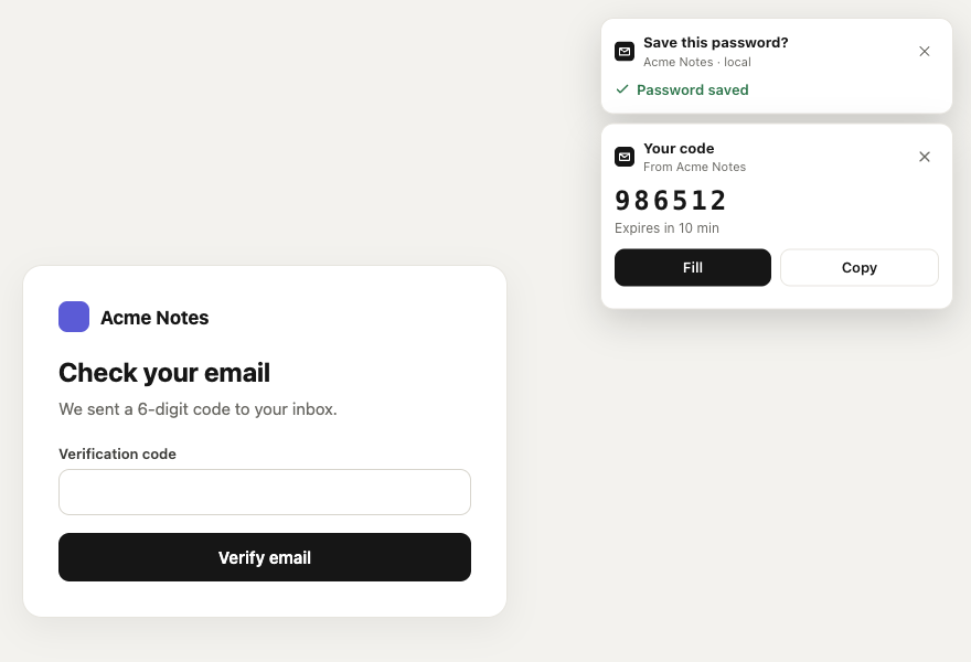 The verification page with the code 986512 shown in a card from Proxy Mail QA, with Fill and Copy buttons.