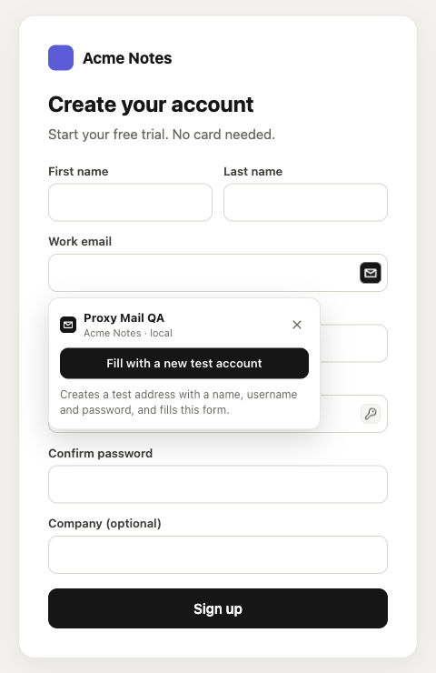 A sign-up form with the Proxy Mail QA button in the email field and the card offering Fill with a new test account.