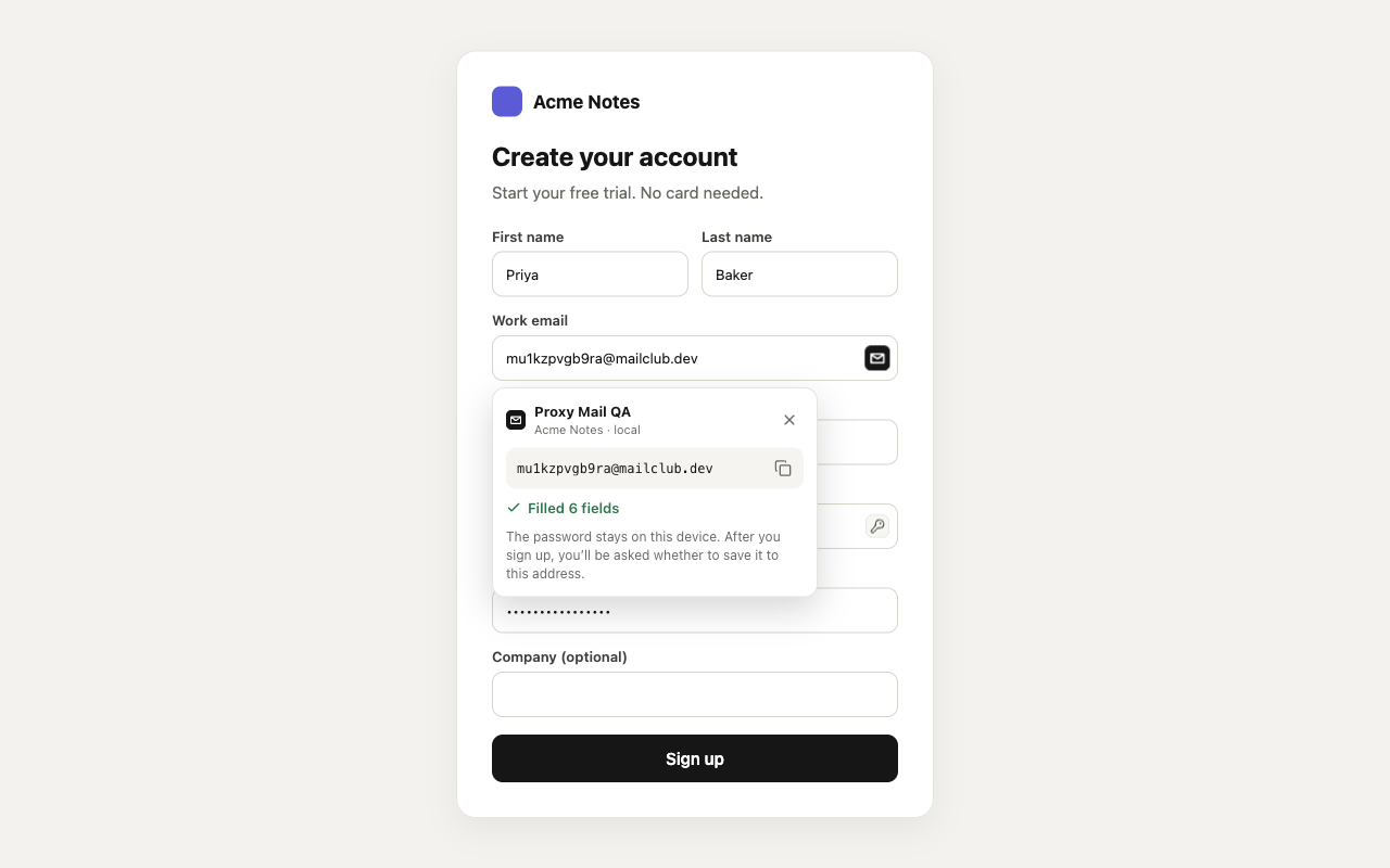 A sign-up form filled by Proxy Mail QA for Chrome: first and last name, a test email address, username and password, with a card saying Filled 6 fields.