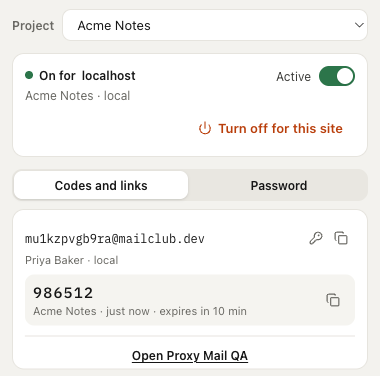 The extension’s popup: on for localhost in the Acme Notes project, with the newest test address and its code ready to copy.